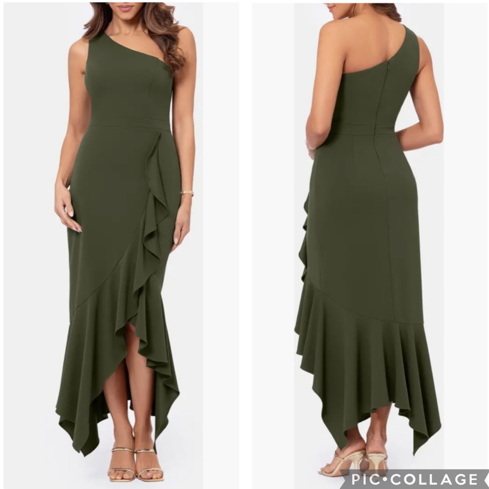 Xscape One Shoulder High Low Dress Olive Green 6‎